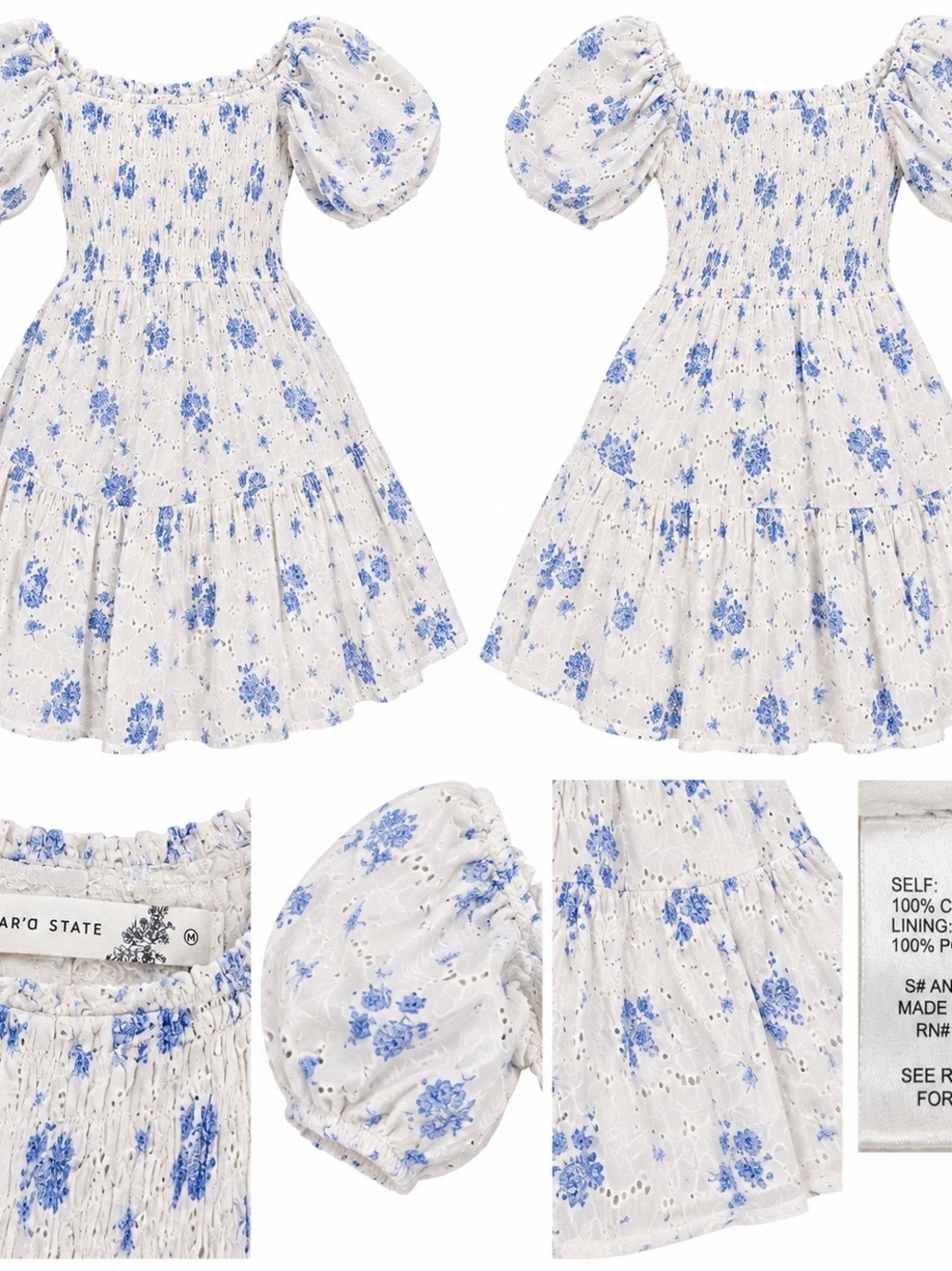 Altar'd State Blue White Floral Eyelet Smocked Puff Sleeve Dress Size M
